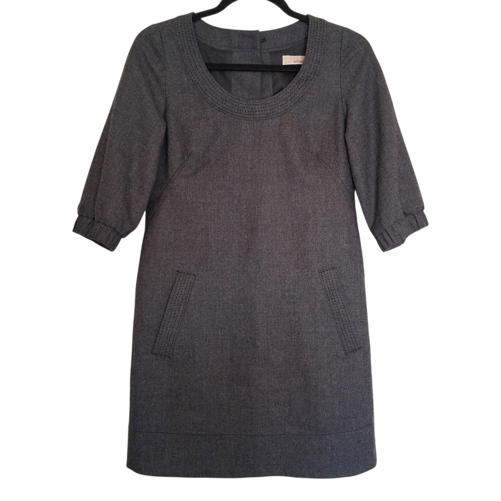 Wilfred Aritzia Gray Wool Lycra Shift Dress Size 2 3/4 Sleeve Pockets
